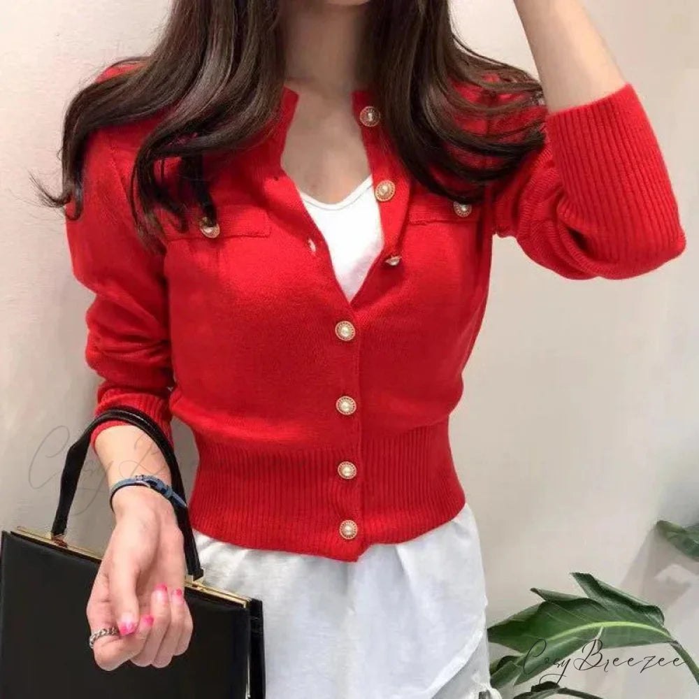 Elegant Short Vintage Knit Casual Cardigan Red / One Size cardiagn-250126