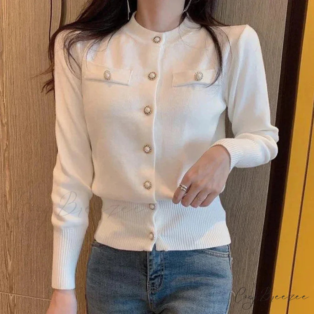 Elegant Short Vintage Knit Casual Cardigan WHITE / One Size cardiagn-250126