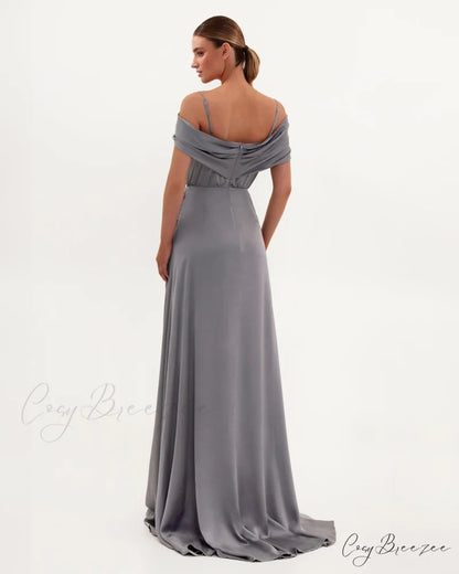 Elegant Silver Off-The-Shoulder Charming Silk Maxi Dress