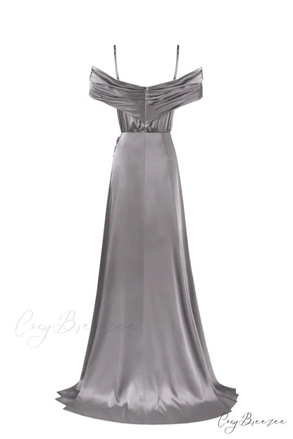 Elegant Silver Off-The-Shoulder Charming Silk Maxi Dress