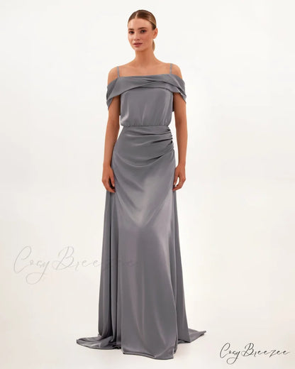 Elegant Silver Off-The-Shoulder Charming Silk Maxi Dress