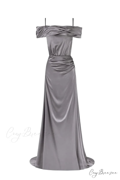 Elegant Silver Off-The-Shoulder Charming Silk Maxi Dress XXS / Silver