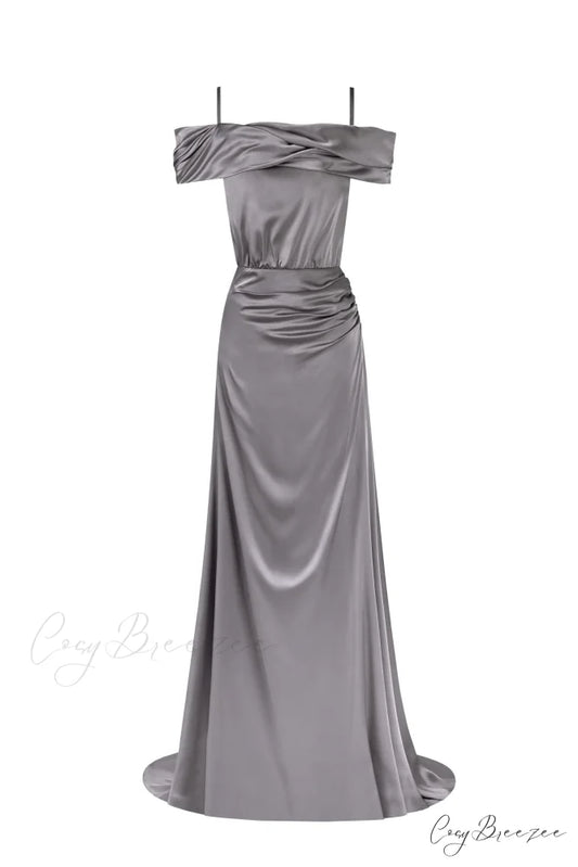 Elegant Silver Off-The-Shoulder Charming Silk Maxi Dress XXS / Silver