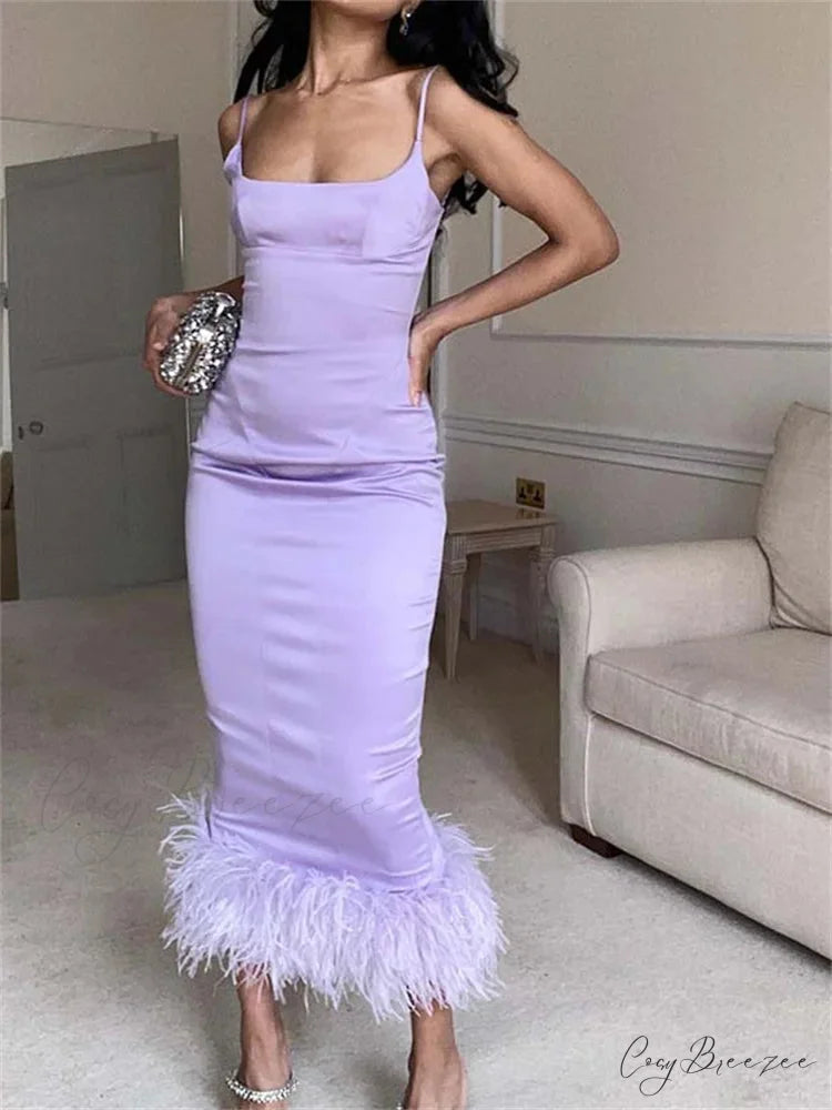 Elegant Sleeveless Strap Summer Party Clubwear Sexy Women Aquare Neck Feather Patchwork Slim Vestido