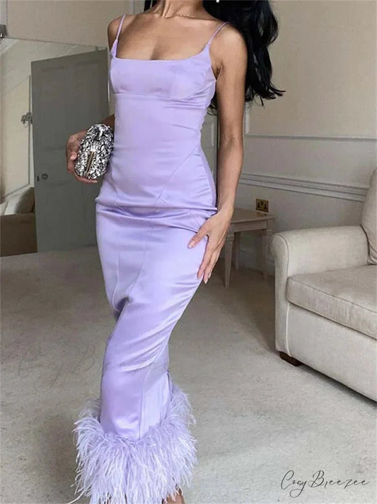 Elegant Sleeveless Strap Summer Party Clubwear Sexy Women Aquare Neck Feather Patchwork Slim Vestido PURPLE / S