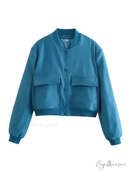 Elegant Solid Single-breasted Motorcycle Chic Long Sleeves With Pocket Autumn Stylish Coat BLUE / S