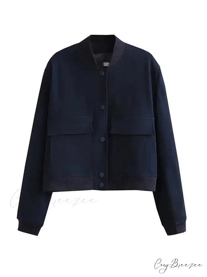 Elegant Solid Single-breasted Motorcycle Chic Long Sleeves With Pocket Autumn Stylish Coat Navy blue / S
