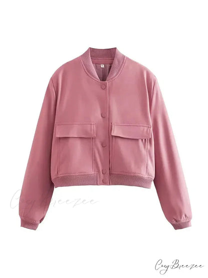 Elegant Solid Single-breasted Motorcycle Chic Long Sleeves With Pocket Autumn Stylish Coat PINK / S
