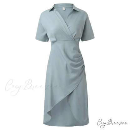 Elegant Solid Slim Korean Style Streetwear Midi Short Sleeve Lapel Casual Cozy Summer Fashion 2024 Dress