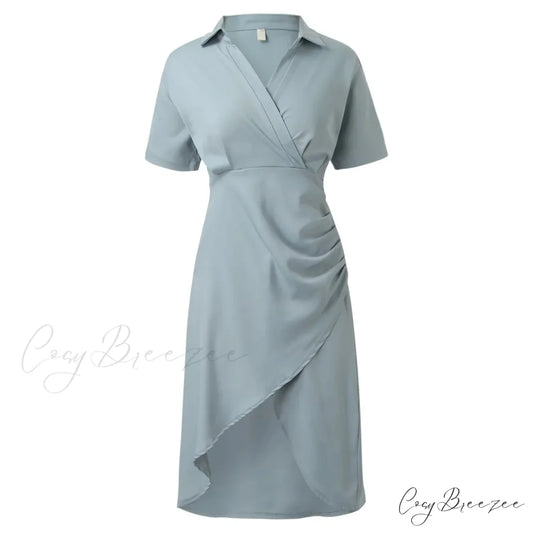 Elegant Solid Slim Korean Style Streetwear Midi Short Sleeve Lapel Casual Cozy Summer Fashion 2024 Dress