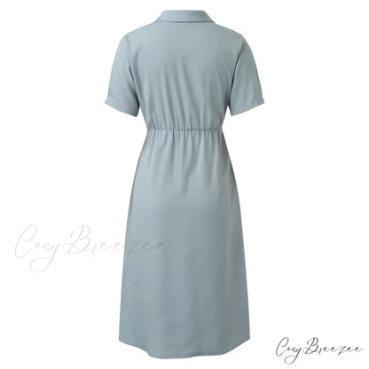 Elegant Solid Slim Korean Style Streetwear Midi Short Sleeve Lapel Casual Cozy Summer Fashion 2024 Dress
