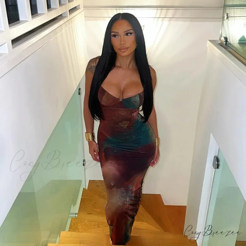 Elegant Spaghetti Strap Cleavage Boho Dress