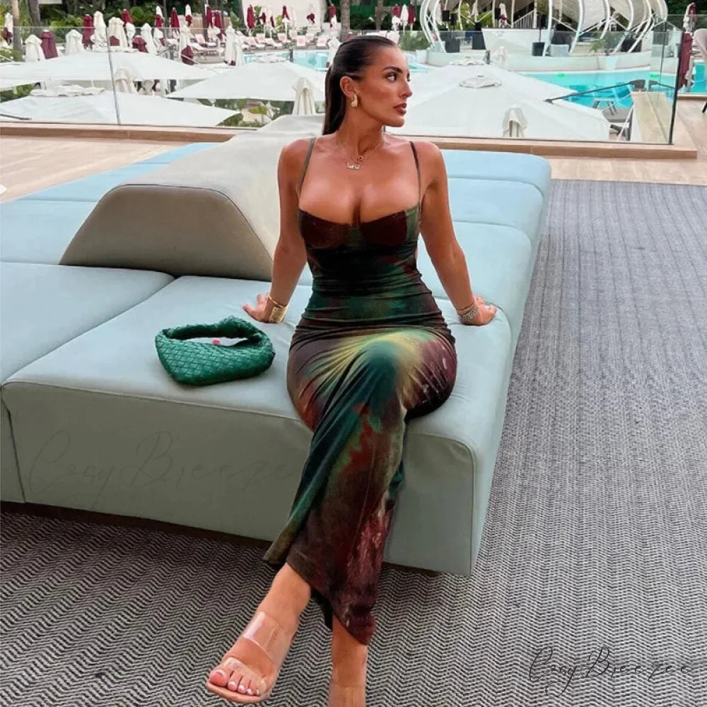 Elegant Spaghetti Strap Cleavage Boho Dress