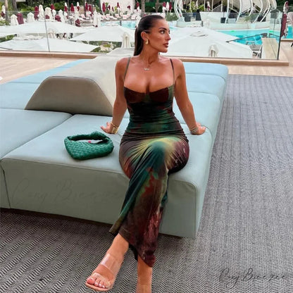 Elegant Spaghetti Strap Cleavage Boho Dress