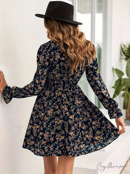 Elegant Spring Autumn Floral Print A-line Dress oldfloraldress-250126