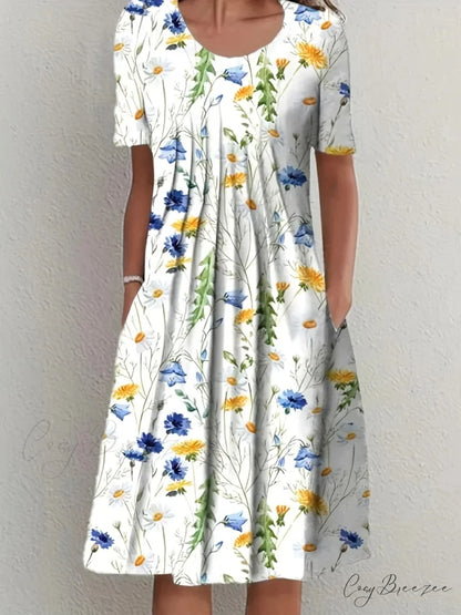 Elegant Spring Summer Round Neck Printed Floral Dress cloro1 / S oldfloraldress-250126