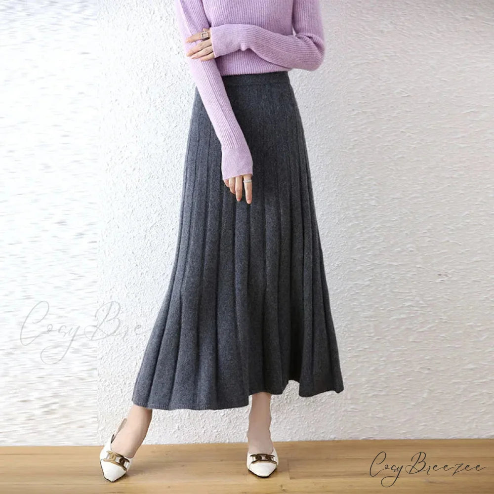 Elegant Thick Warm Pleated Knitted Pure Wool High Waist Trendy Autumn Skirt