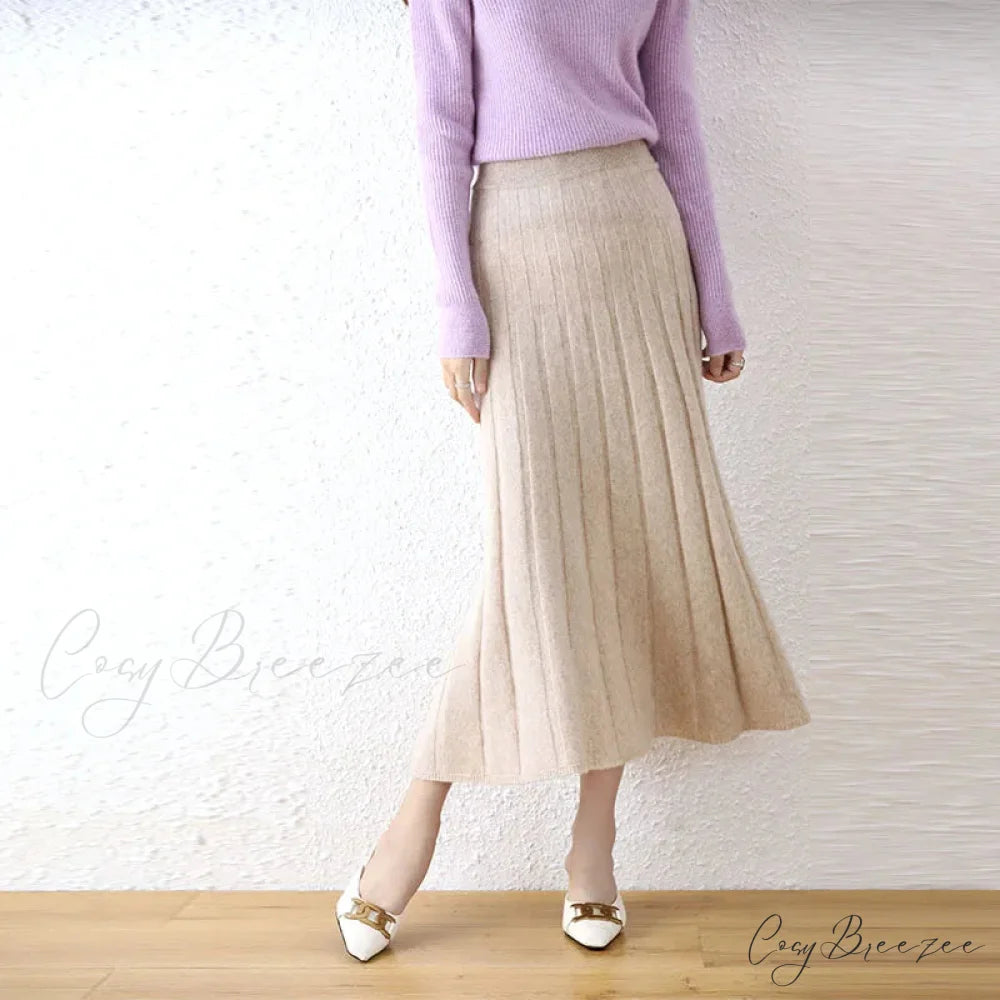 Elegant Thick Warm Pleated Knitted Pure Wool High Waist Trendy Autumn Skirt