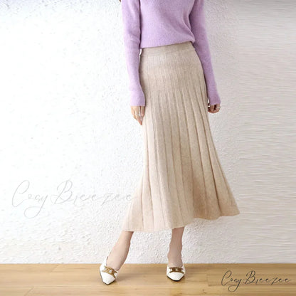 Elegant Thick Warm Pleated Knitted Pure Wool High Waist Trendy Autumn Skirt