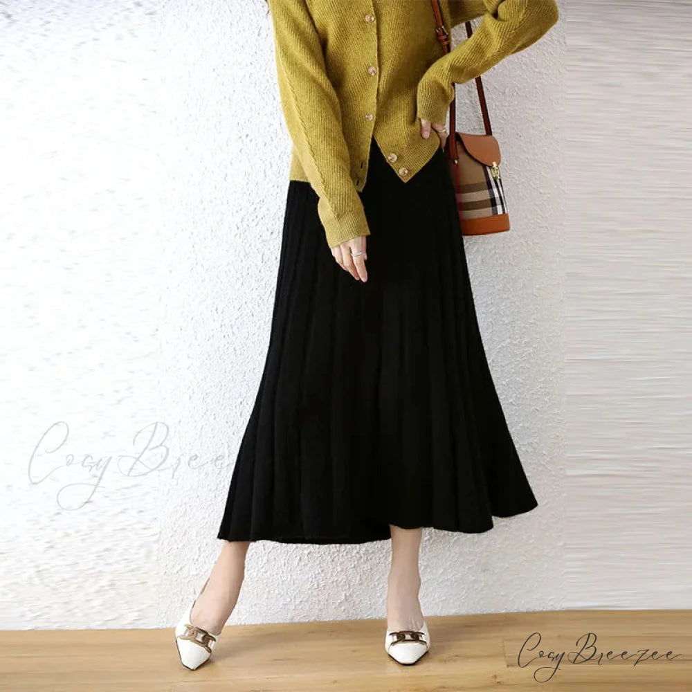 Elegant Thick Warm Pleated Knitted Pure Wool High Waist Trendy Autumn Skirt Black / M
