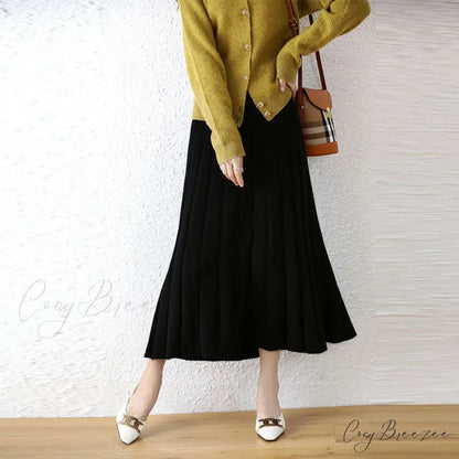Elegant Thick Warm Pleated Knitted Pure Wool High Waist Trendy Autumn Skirt Black / M