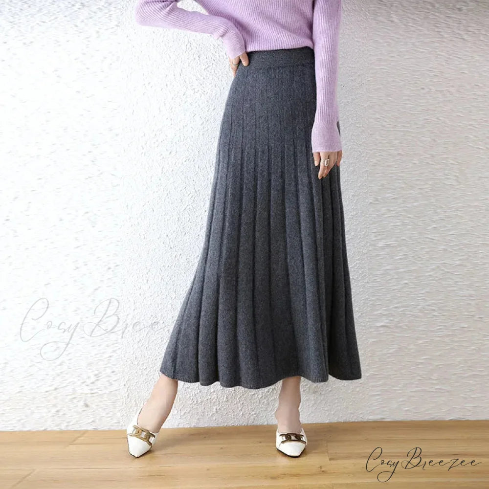 Elegant Thick Warm Pleated Knitted Pure Wool High Waist Trendy Autumn Skirt Dark Grey / M