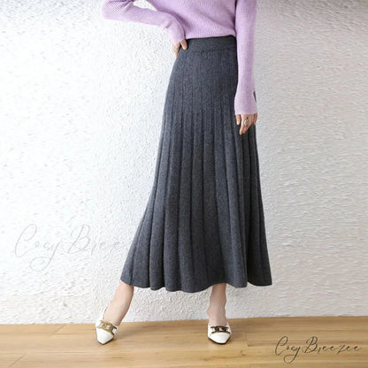 Elegant Thick Warm Pleated Knitted Pure Wool High Waist Trendy Autumn Skirt Dark Grey / M