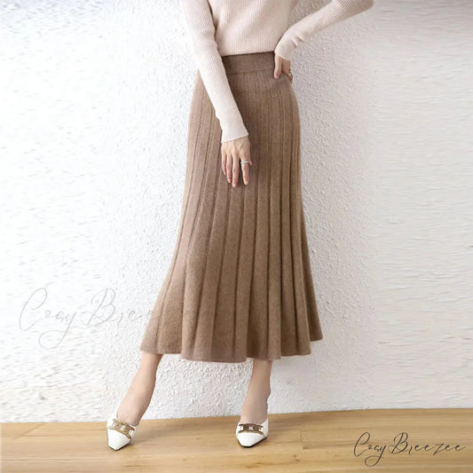 Elegant Thick Warm Pleated Knitted Pure Wool High Waist Trendy Autumn Skirt Deep Camel / M