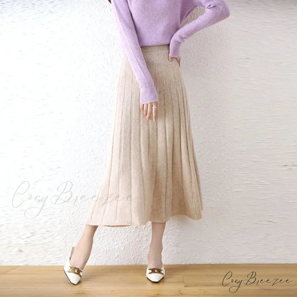 Elegant Thick Warm Pleated Knitted Pure Wool High Waist Trendy Autumn Skirt Milk Camel / M