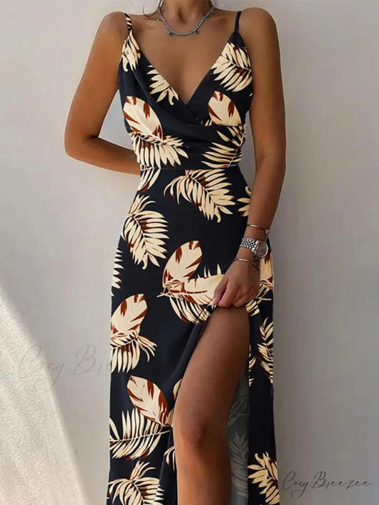 Elegant Unique Printed Spaghetti Graceful Strap Pleated Leg Slit Dress Black / S
