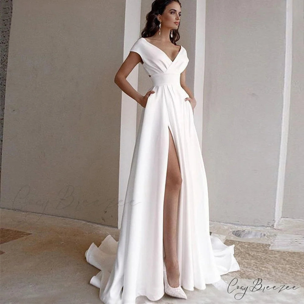 Elegant V-Neck A-Line Wedding Dress weddingdress-250223