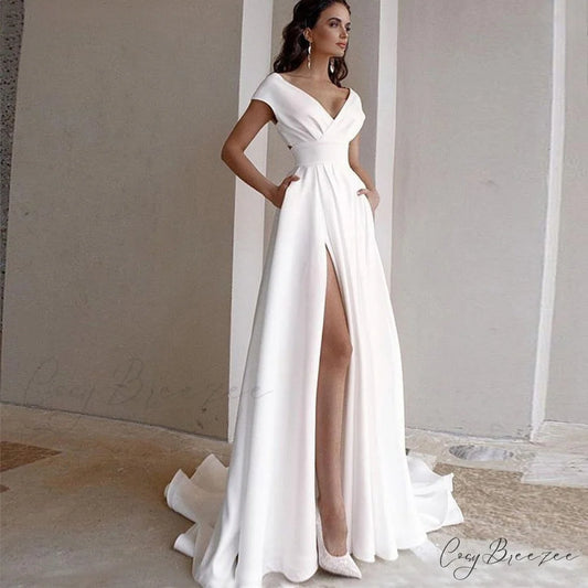 Elegant V-Neck A-Line Wedding Dress weddingdress-250223
