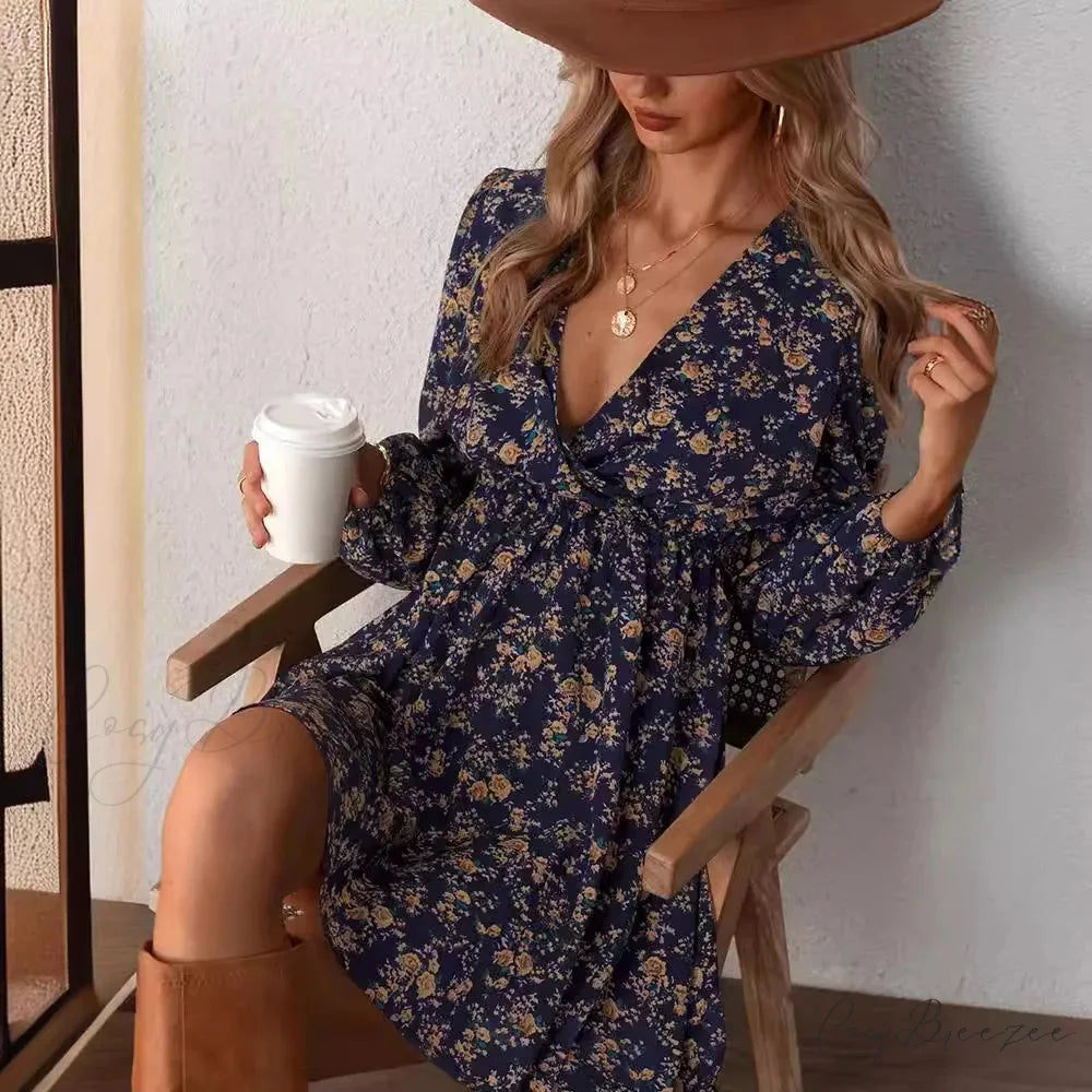Elegant V-Neck Floral Mini Chiffon Dress floraldress-250126