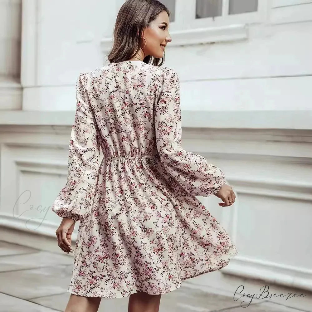 Elegant V-Neck Floral Mini Chiffon Dress floraldress-250126