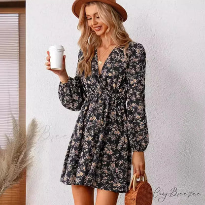 Elegant V-Neck Floral Mini Chiffon Dress floraldress-250126