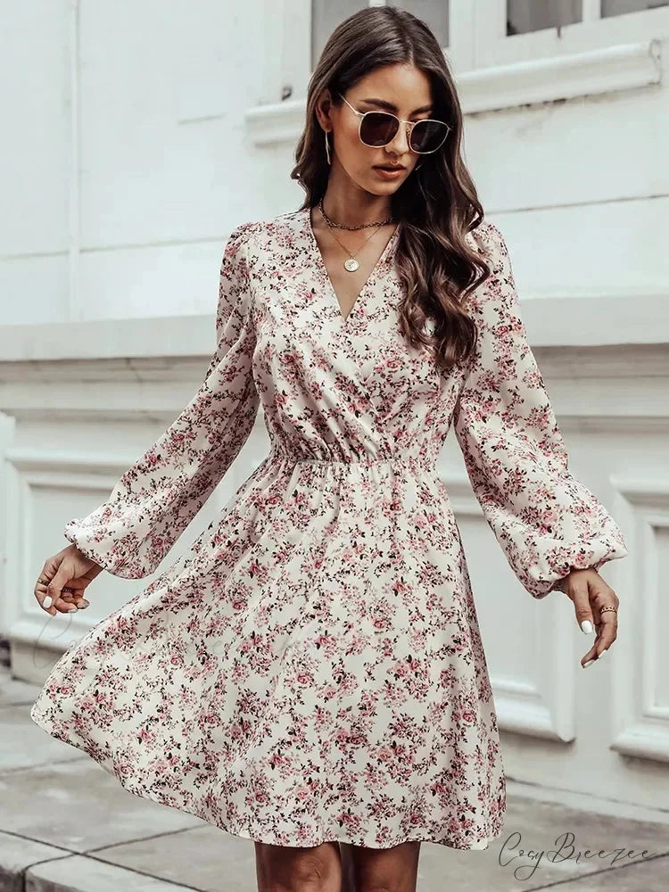 Elegant V-Neck Floral Mini Chiffon Dress WHITE / S floraldress-250126
