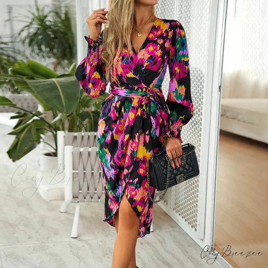 Elegant V-neck Long Boho Printed Dress bohodress-250126