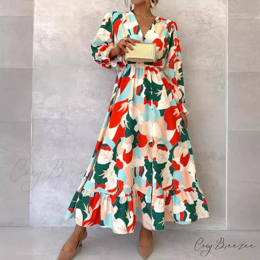 Elegant V-neck Printed Floral Dress oldfloraldress-250126