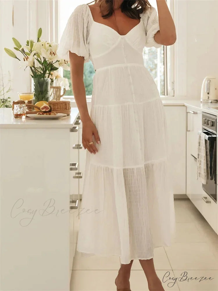 Elegant Women A-Line Short Puff Sleeve V Neck Back Tie-up Knotted Summer Party Female Vestidos