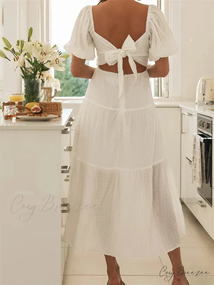 Elegant Women A-Line Short Puff Sleeve V Neck Back Tie-up Knotted Summer Party Female Vestidos