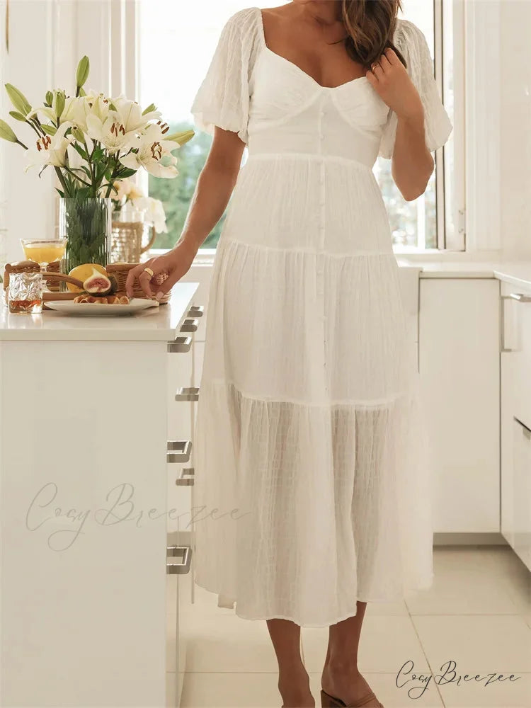 Elegant Women A-Line Short Puff Sleeve V Neck Back Tie-up Knotted Summer Party Female Vestidos