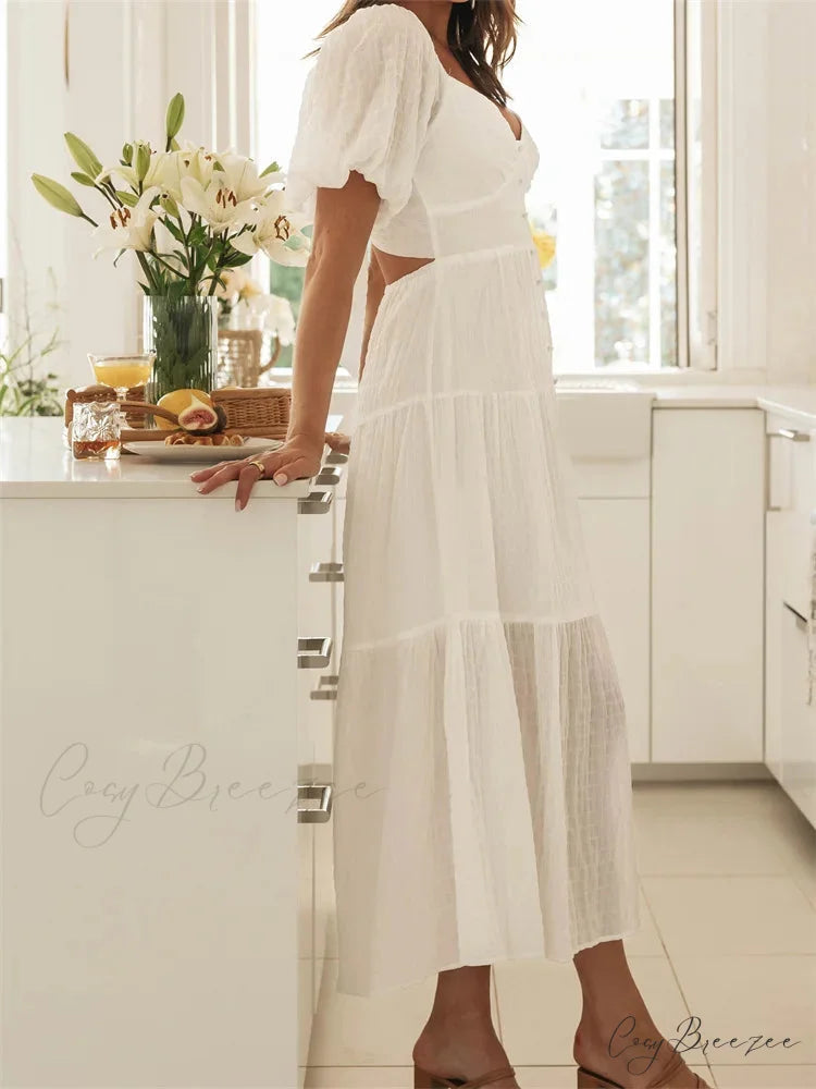 Elegant Women A-Line Short Puff Sleeve V Neck Back Tie-up Knotted Summer Party Female Vestidos