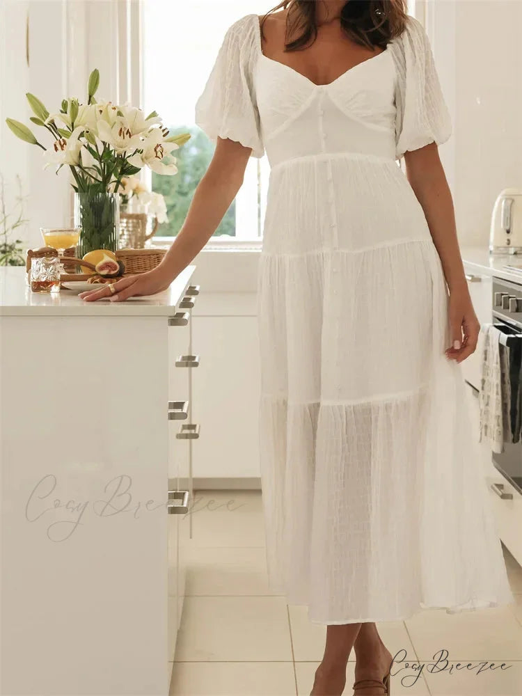 Elegant Women A-Line Short Puff Sleeve V Neck Back Tie-up Knotted Summer Party Female Vestidos WHITE / S