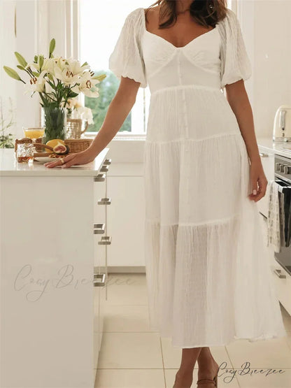 Elegant Women A-Line Short Puff Sleeve V Neck Back Tie-up Knotted Summer Party Female Vestidos WHITE / S