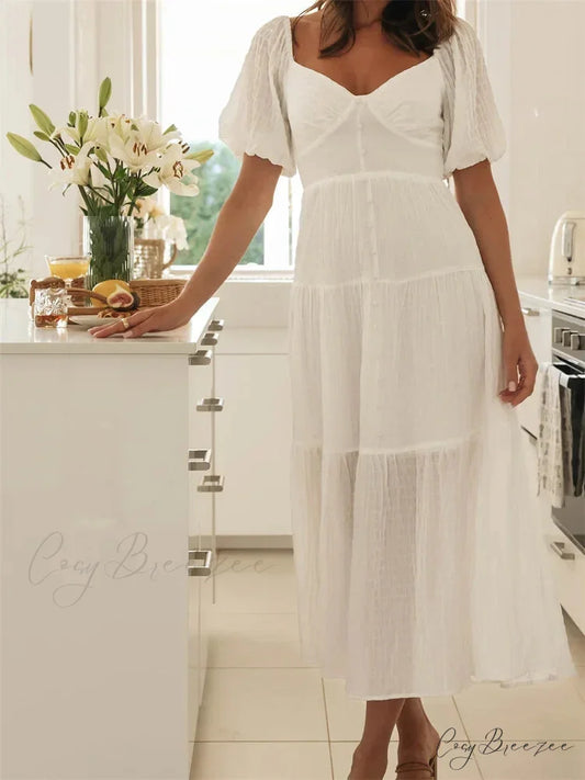 Elegant Women A-Line Short Puff Sleeve V Neck Back Tie-up Knotted Summer Party Female Vestidos WHITE / S