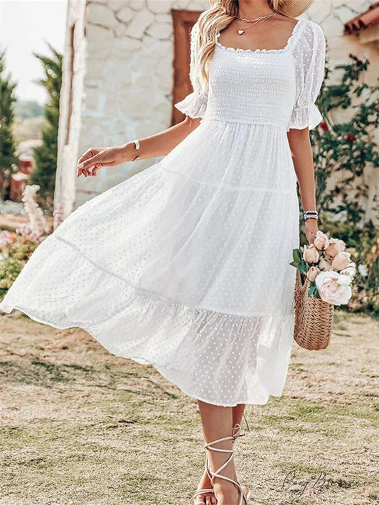 Elegant Women Chiffon Summer Mesh Short Puff Sleeve Square Neck Dot Pattern Stretch Ruched Beachwear WHITE / S