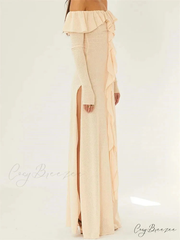 Elegant Women Knitted Evening Solid Sleeve Slash Neck Off Shoulder Ruffles Party Female Vestido