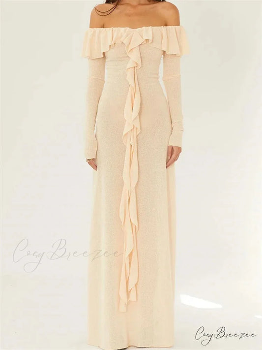 Elegant Women Knitted Evening Solid Sleeve Slash Neck Off Shoulder Ruffles Party Female Vestido YELLOW / S