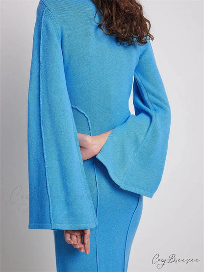 Elegant Women Knitted Patchwork Vintage Flare Sleeve Round Neck Slim Fit Solid Party Vestidos