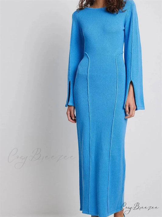 Elegant Women Knitted Patchwork Vintage Flare Sleeve Round Neck Slim Fit Solid Party Vestidos NAVY BLUE / S